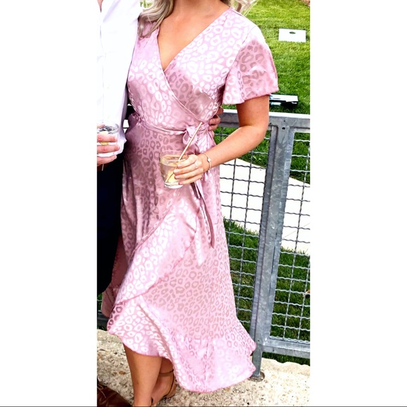 Pink leopard print silk / jacquard wrap midi dress - Picture 2 of 4
